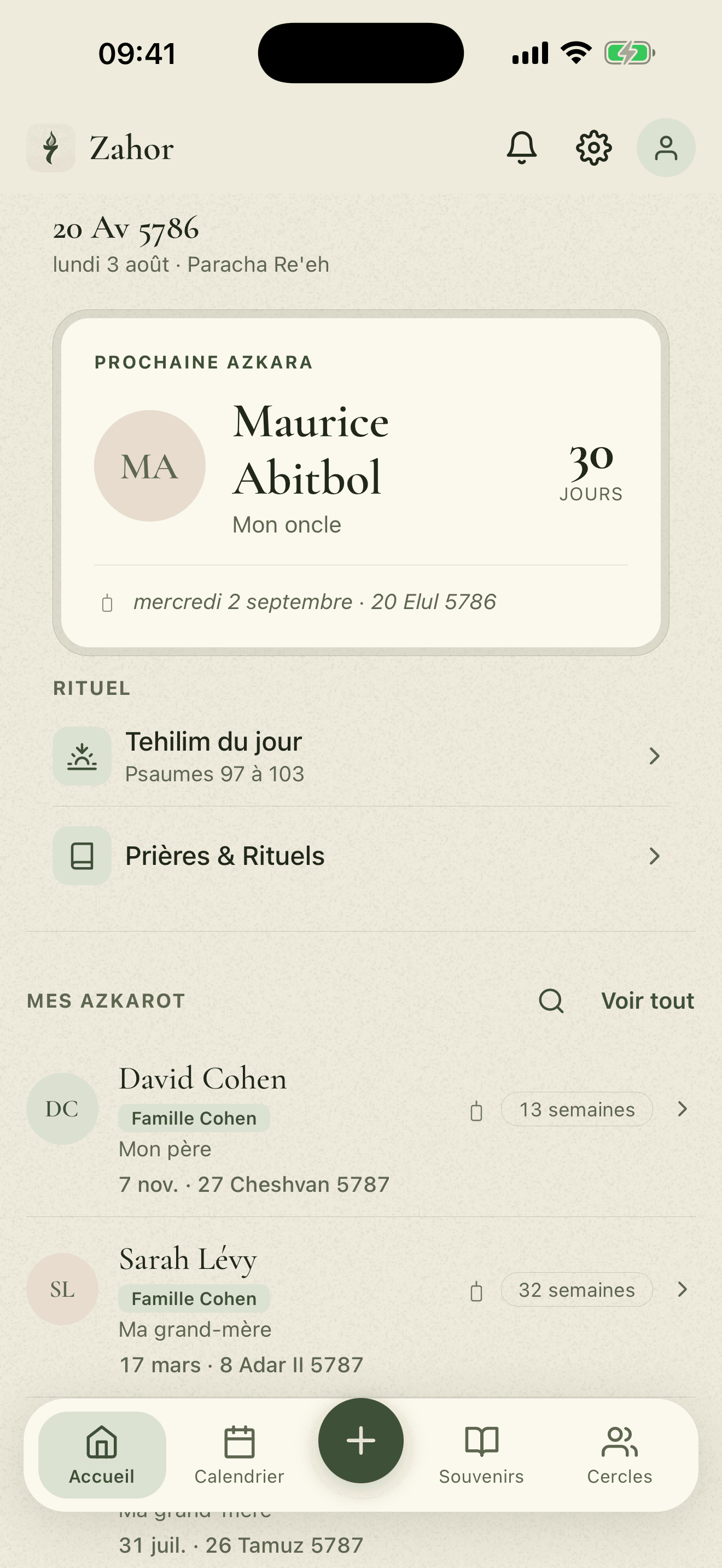 L'accueil de Zahor : la prochaine azkara avec son compte à rebours, le rituel du jour et la liste des azkarot